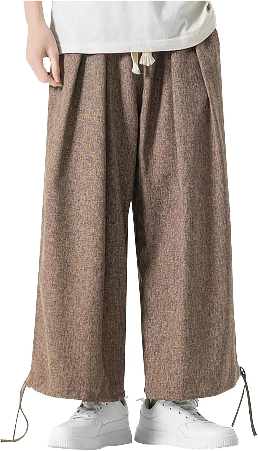 Linen Pants for Mens Casual Pants Drawstring Beach Pants Relaxed-Fit Yoga Pants Summer Elastic Waist Pants