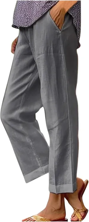 Linen Pants Women Capri Pants Elastic Waist Drawstring Pants Summer Beach Pants Crop Pants Plus Size Trousers Pockets