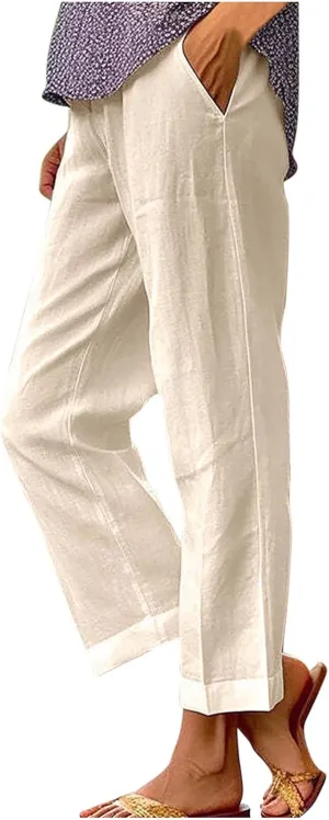Linen Pants Women Capri Pants Elastic Waist Drawstring Pants Summer Beach Pants Crop Pants Plus Size Trousers Pockets