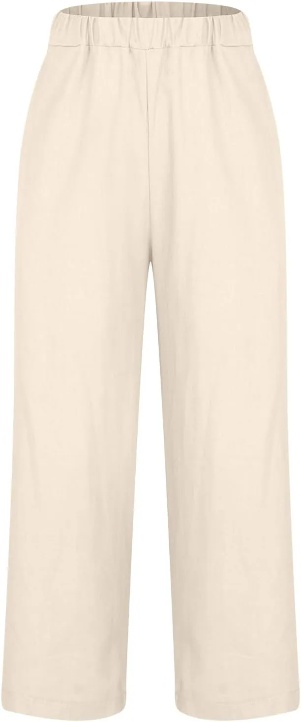 Linen Pants Women Capri Pants Elastic Waist Drawstring Pants Summer Beach Pants Crop Pants Plus Size Trousers Pockets