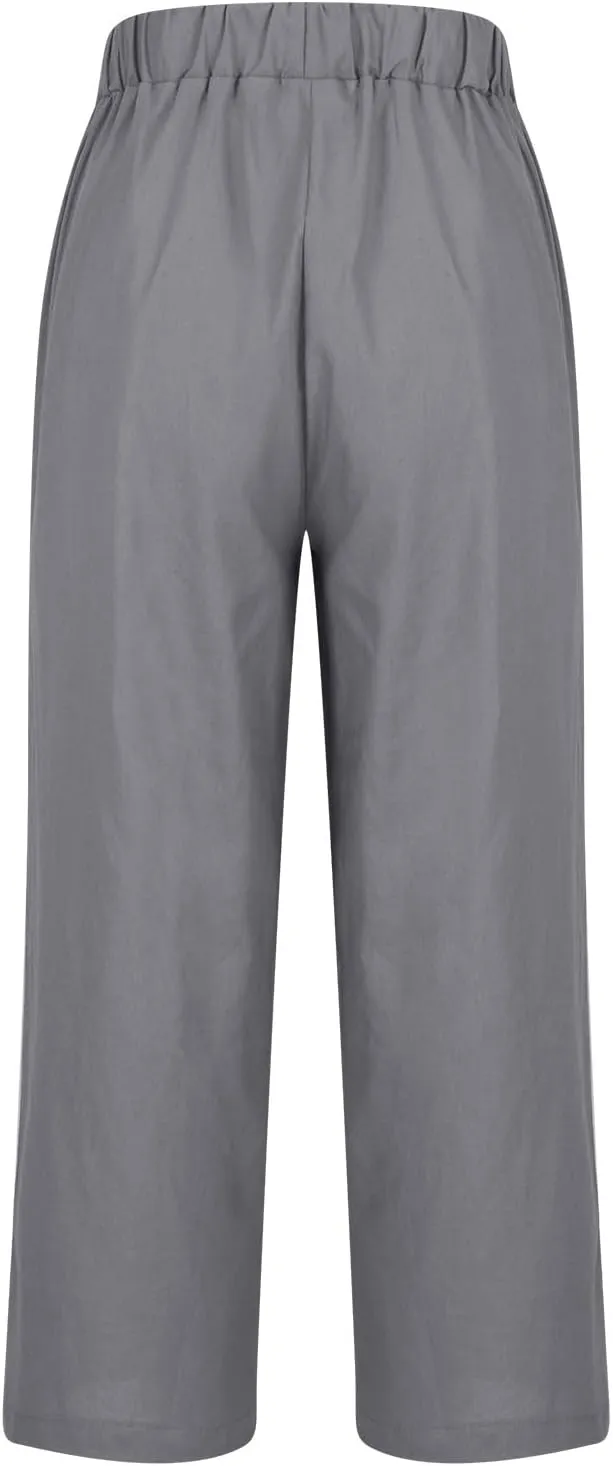 Linen Pants Women Capri Pants Elastic Waist Drawstring Pants Summer Beach Pants Crop Pants Plus Size Trousers Pockets