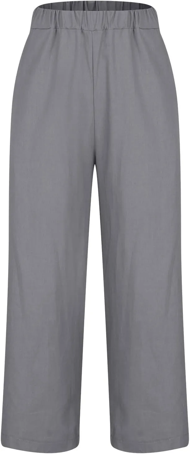 Linen Pants Women Capri Pants Elastic Waist Drawstring Pants Summer Beach Pants Crop Pants Plus Size Trousers Pockets