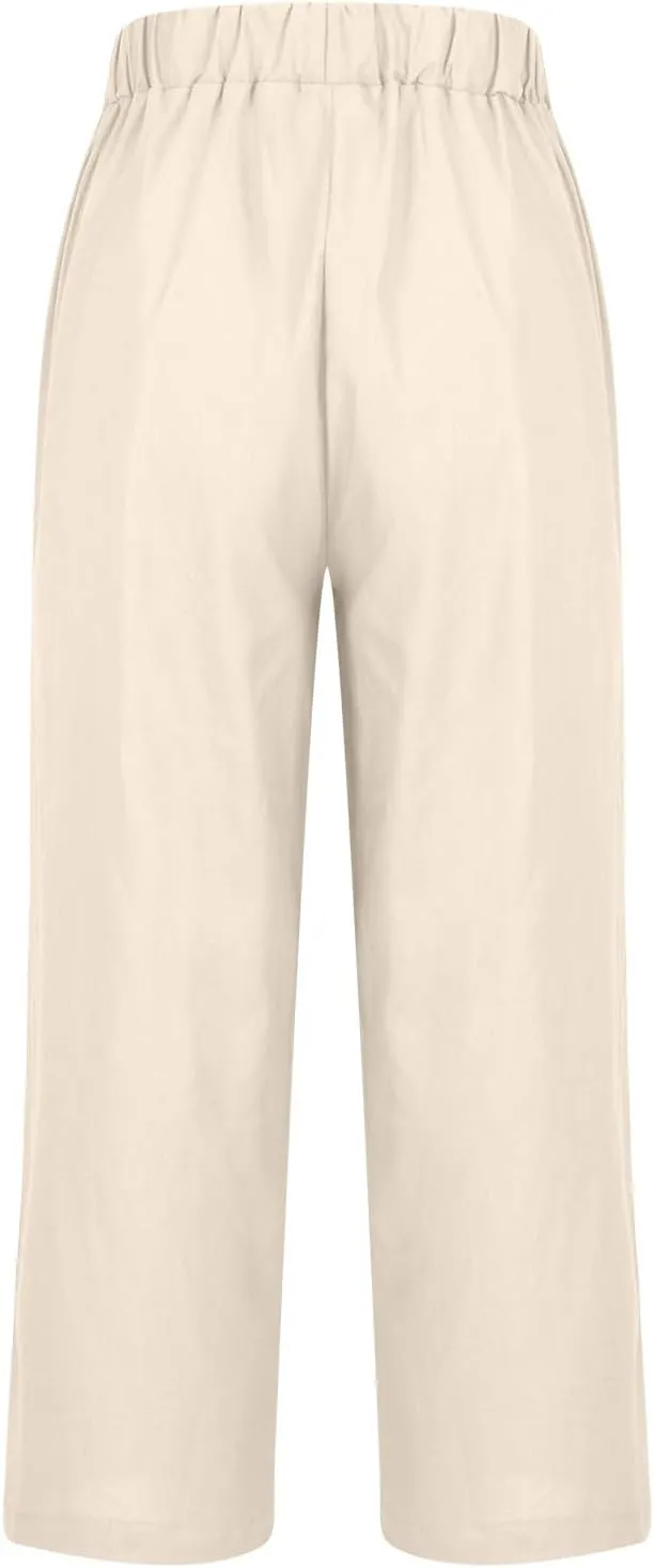 Linen Pants Women Capri Pants Elastic Waist Drawstring Pants Summer Beach Pants Crop Pants Plus Size Trousers Pockets