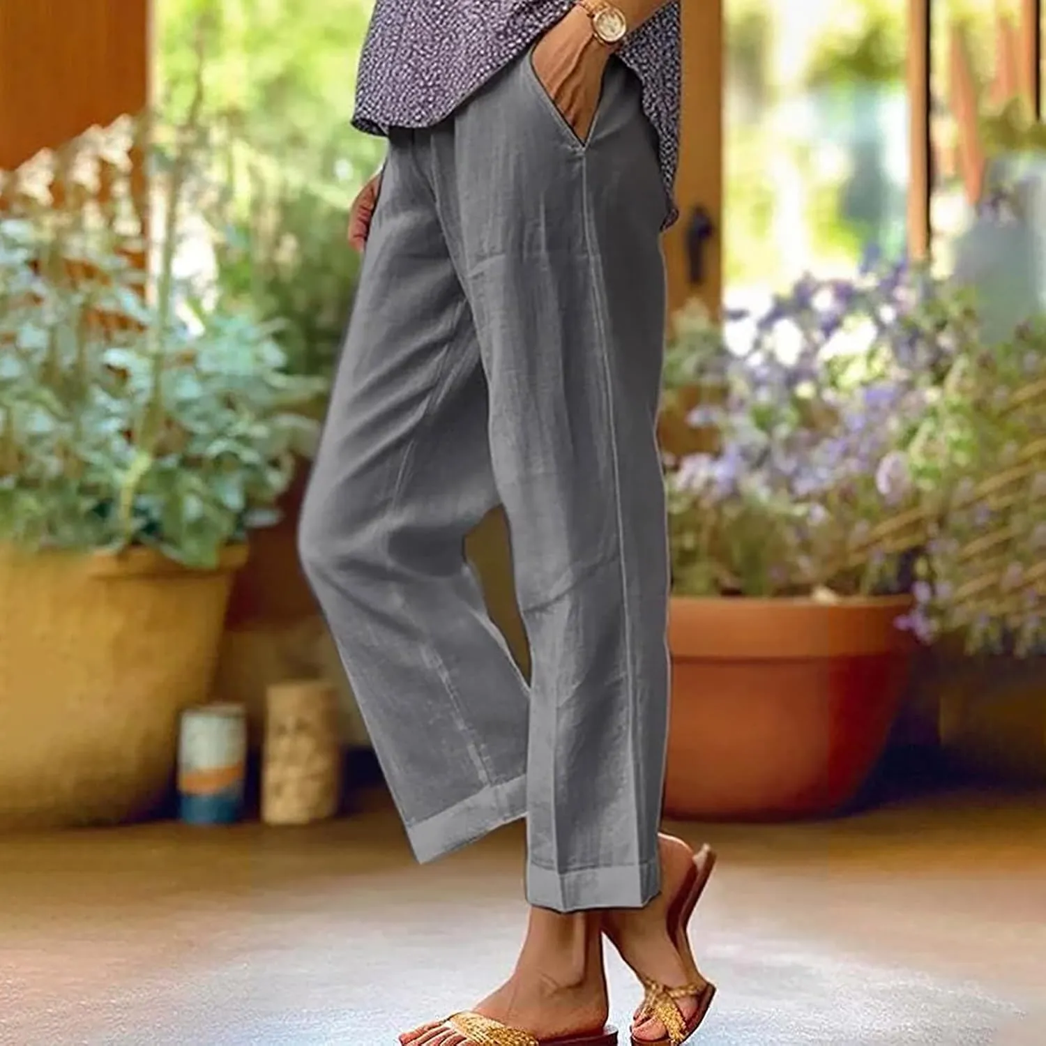 Linen Pants Women Capri Pants Elastic Waist Drawstring Pants Summer Beach Pants Crop Pants Plus Size Trousers Pockets