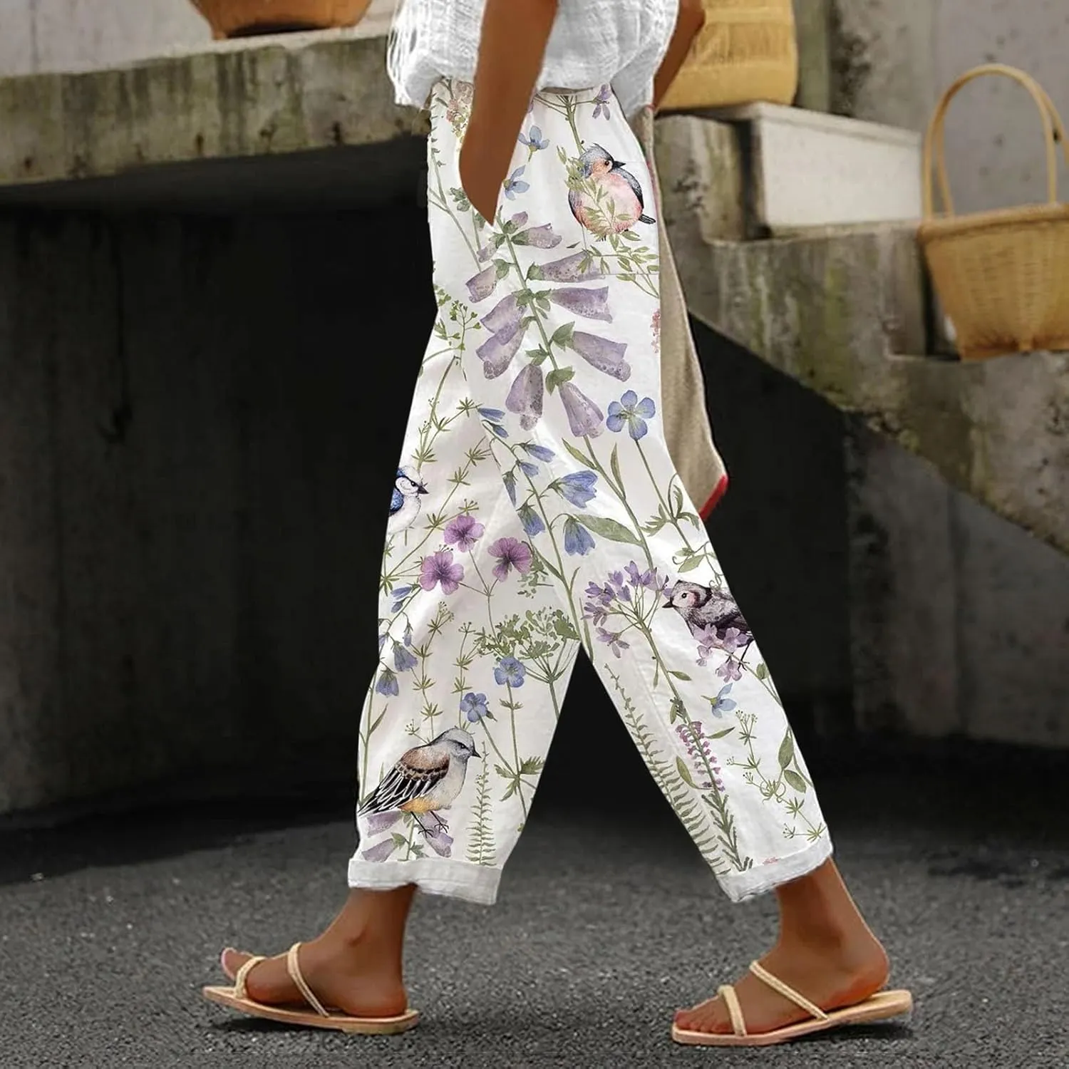 Linen Pants Women Petite 2025 Drawstring Pants Capri Pants 2025 Pants with Pockets Wide Leg Cropped Pants Linen