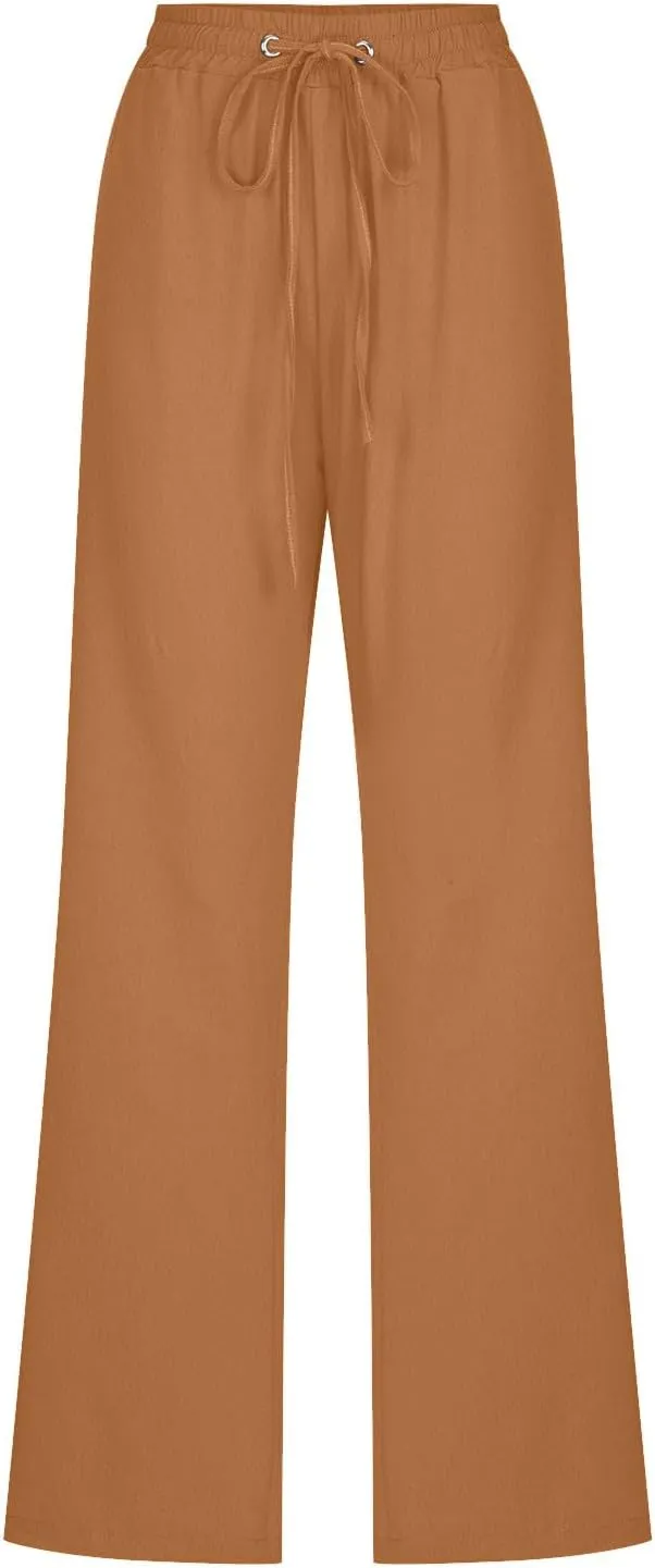 Linen Pants Women Plus Size Elastic Waist Pants Straight Leg Jogger Pants Summer Lounge Pants Casual Beach Pants