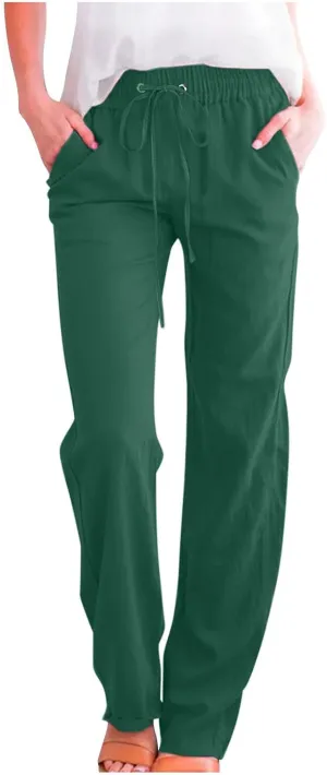 Linen Pants Women Plus Size Elastic Waist Pants Straight Leg Jogger Pants Summer Lounge Pants Casual Beach Pants