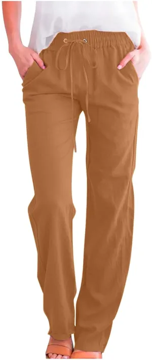 Linen Pants Women Plus Size Elastic Waist Pants Straight Leg Jogger Pants Summer Lounge Pants Casual Beach Pants