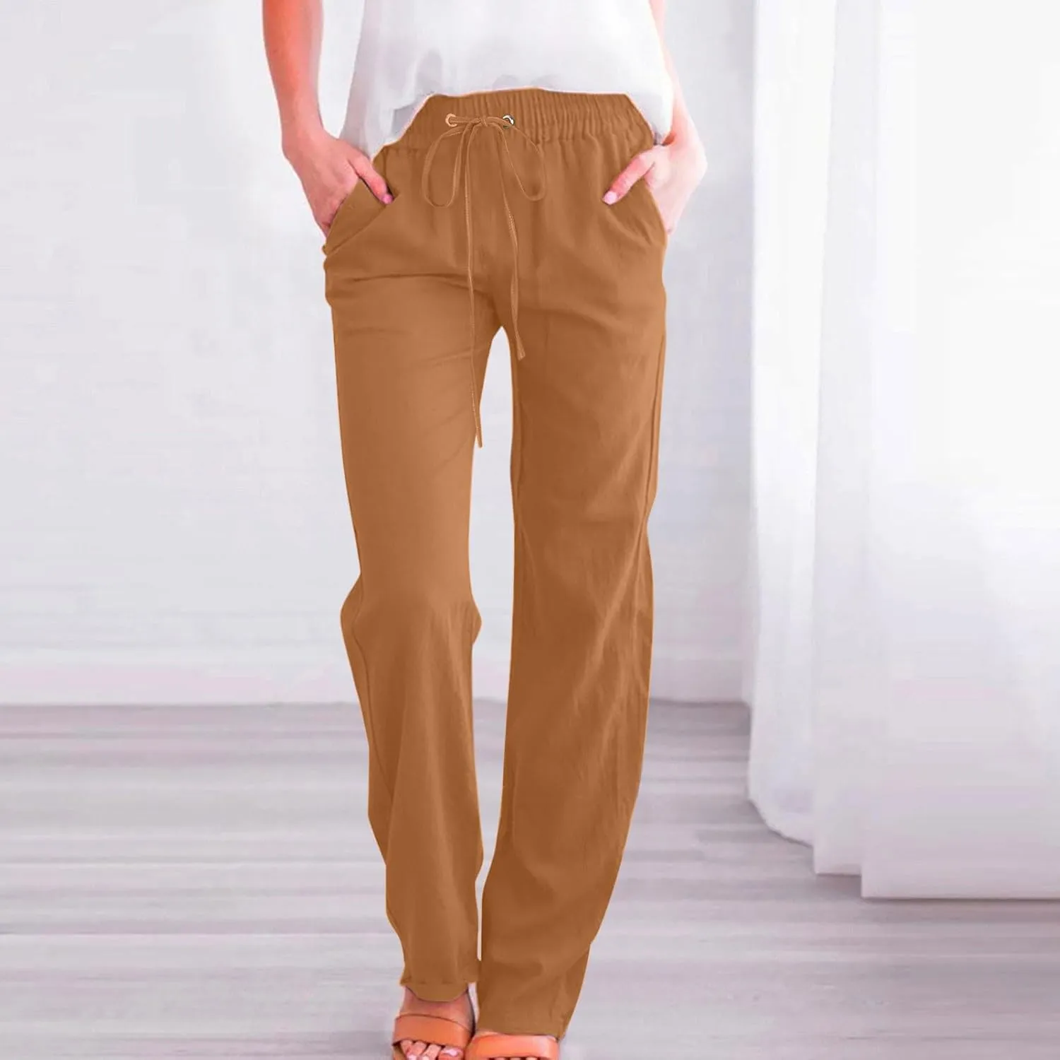 Linen Pants Women Plus Size Elastic Waist Pants Straight Leg Jogger Pants Summer Lounge Pants Casual Beach Pants