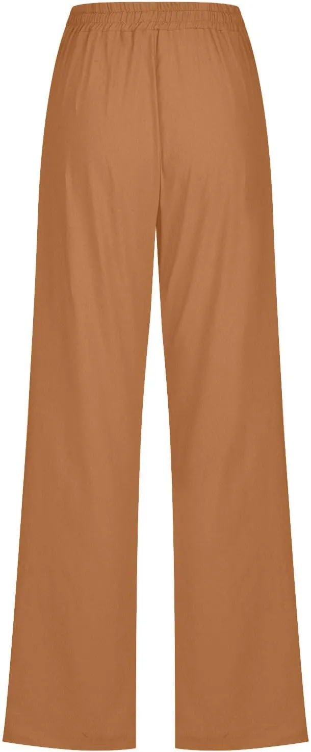 Linen Pants Women Plus Size Elastic Waist Pants Straight Leg Jogger Pants Summer Lounge Pants Casual Beach Pants