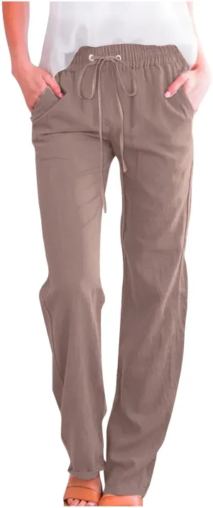 Linen Pants Women Plus Size Elastic Waist Pants Straight Leg Jogger Pants Summer Lounge Pants Casual Beach Pants