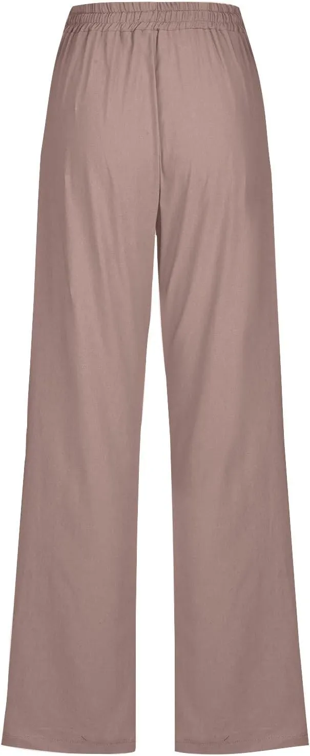 Linen Pants Women Plus Size Elastic Waist Pants Straight Leg Jogger Pants Summer Lounge Pants Casual Beach Pants