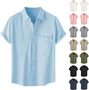 Linen Shirts for Men Mens Short Sleeve Button Down Shirts Collared Summer Beach T-Shirts Vacation Tops