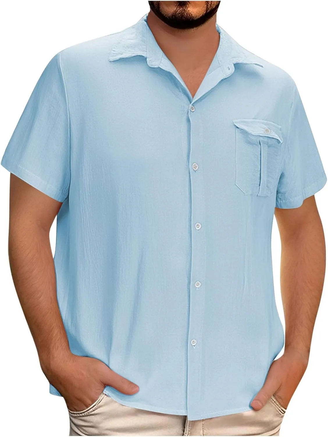 Linen Shirts for Men Mens Short Sleeve Button Down Shirts Collared Summer Beach T-Shirts Vacation Tops