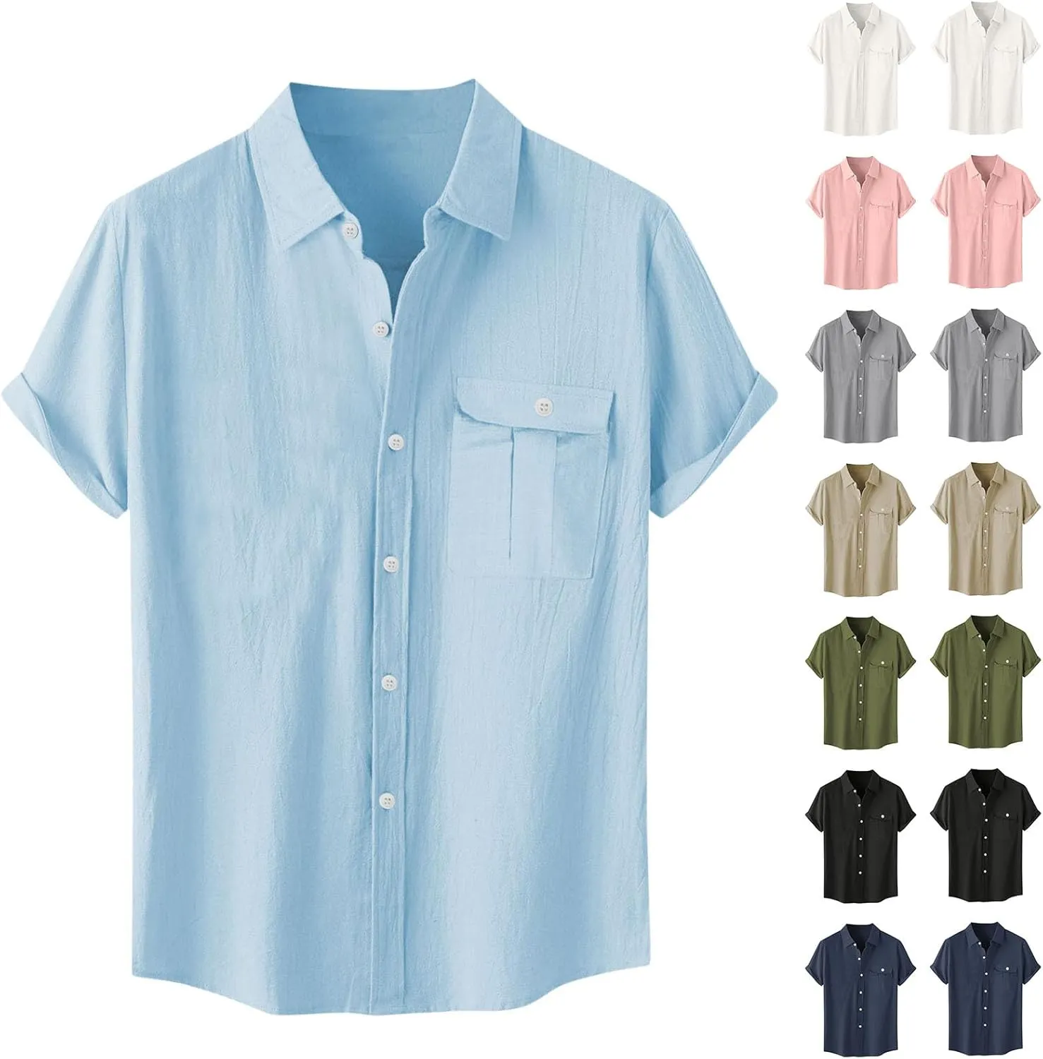 Linen Shirts for Men Mens Short Sleeve Button Down Shirts Collared Summer Beach T-Shirts Vacation Tops