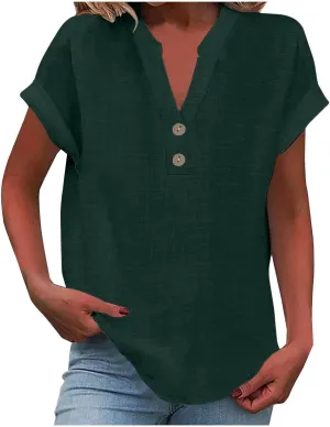 Linen Tops for Women Oversized Crew Neck Summer Short Sleeve Linen Tee Shirts Solid Casual Comfy Blouses Top