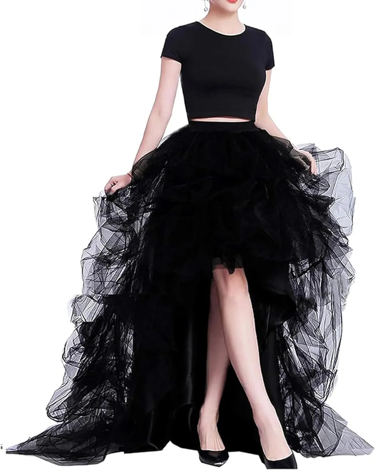Lisong Women High Waist High Low Layered Tulle Floor Length Spectial Occasion Skirt