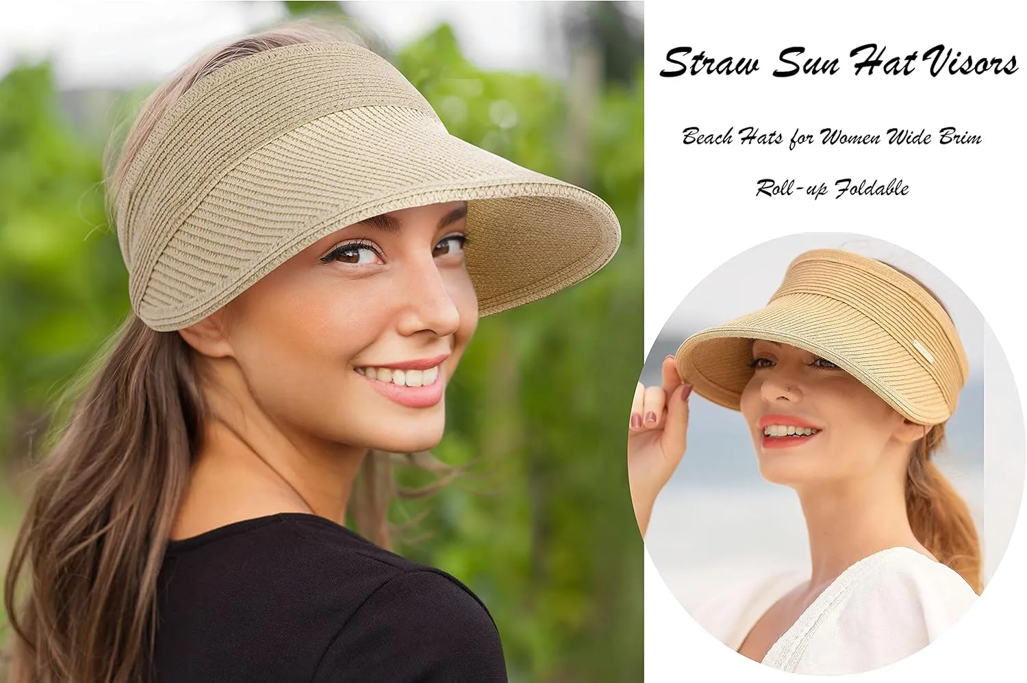 Livingston Sun Visors for Women Black Sun Hat Wide Brim Beach Hat UV Protection Straw Hat