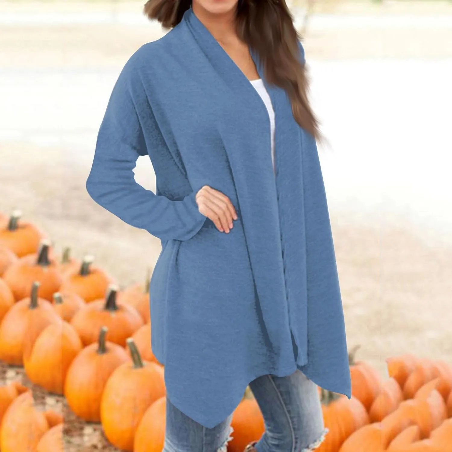 Long Sleeve Cardigan for Women Trendy Open Front Kimono Sweatshrits with Pockets Elastic Loose Fit Tunic Shirts
