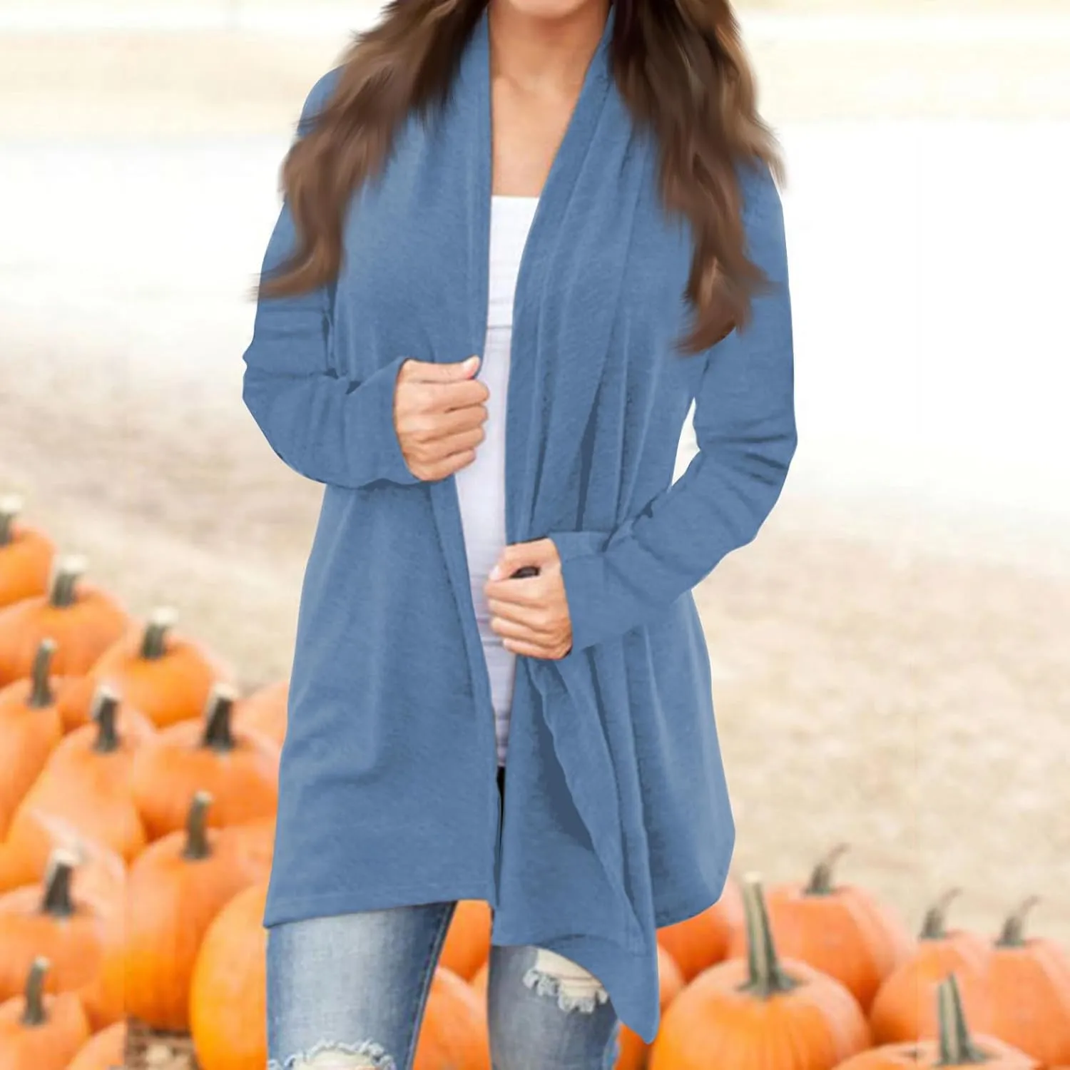 Long Sleeve Cardigan for Women Trendy Open Front Kimono Sweatshrits with Pockets Elastic Loose Fit Tunic Shirts