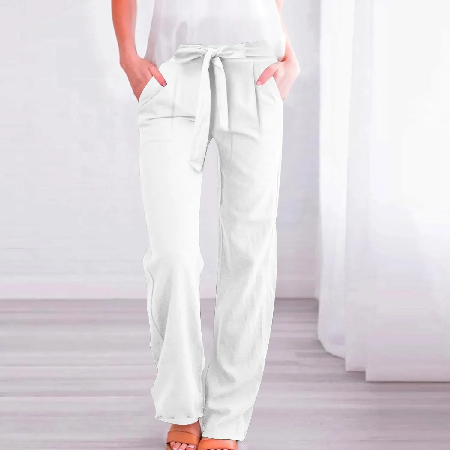 Lounge Pants Women Flowy Beach Pants Linen Palazzo Pants Summer Elastic Pants Workout Soft Pants Long Trousers