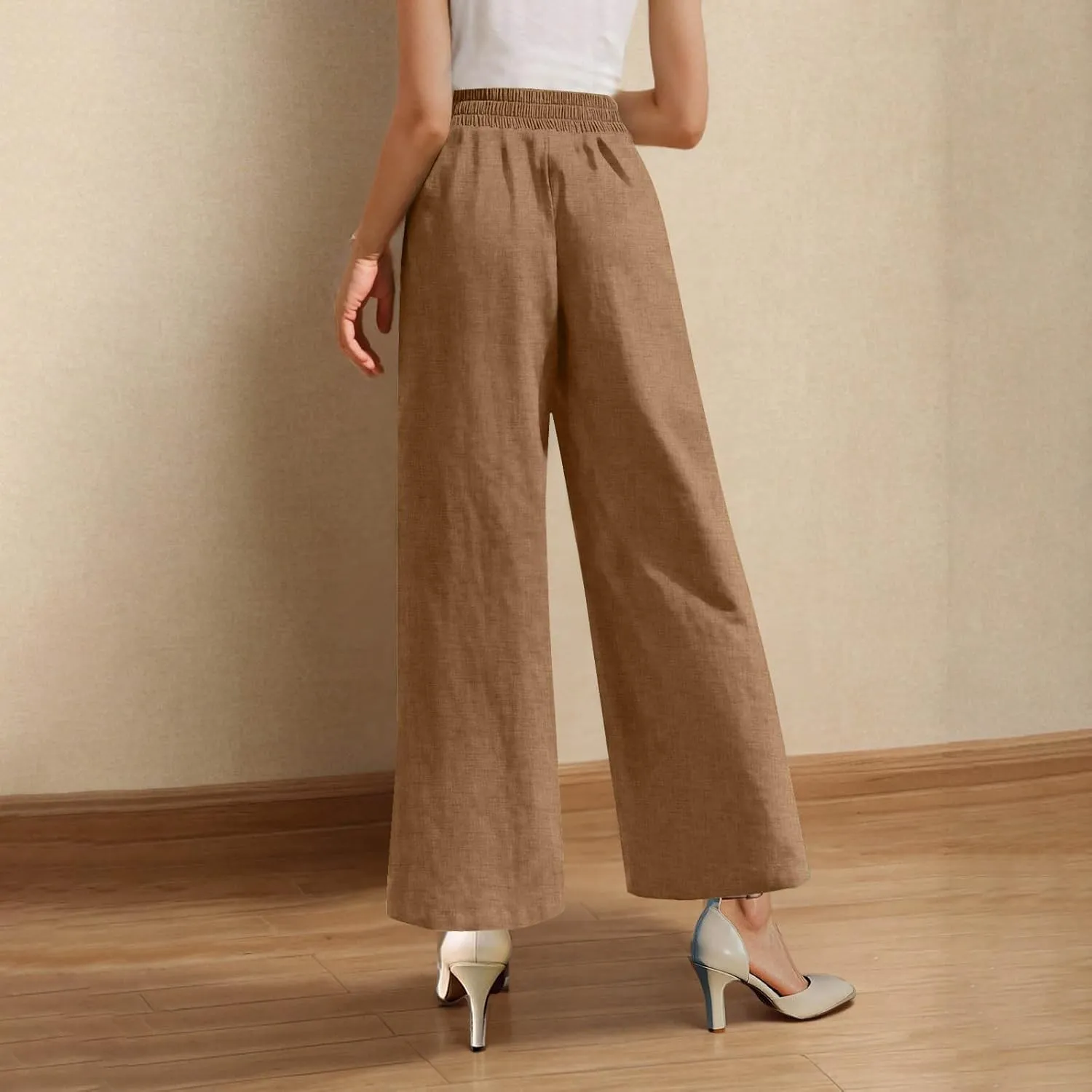 Lounge Pants Women Linen Palazzo Pants Summer Elastic Pants Flowy Beach Pants Workout Soft Pants Long Trousers
