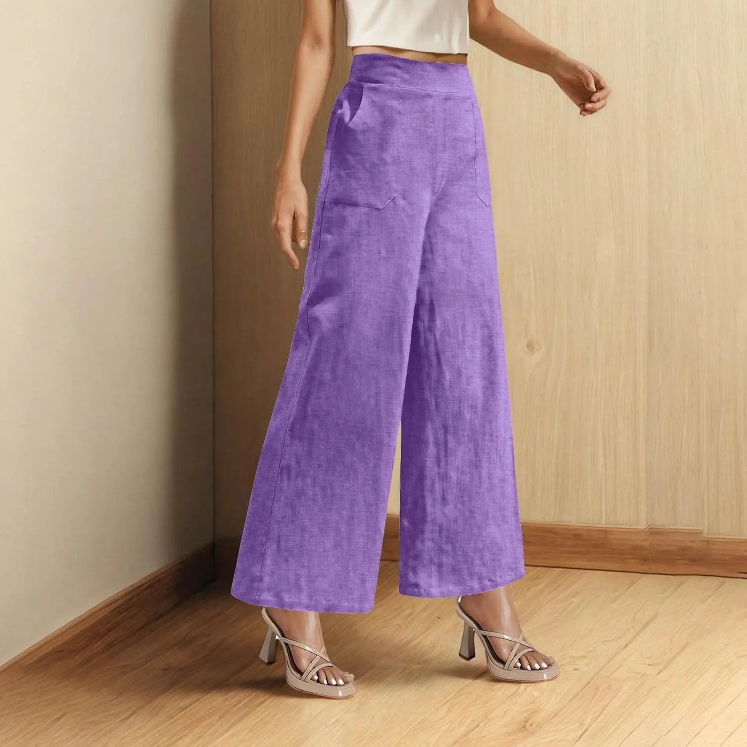 Lounge Pants Women Linen Palazzo Pants Summer Elastic Pants Flowy Beach Pants Workout Soft Pants Long Trousers