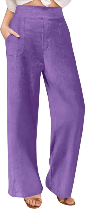 Lounge Pants Women Linen Palazzo Pants Summer Elastic Pants Flowy Beach Pants Workout Soft Pants Long Trousers