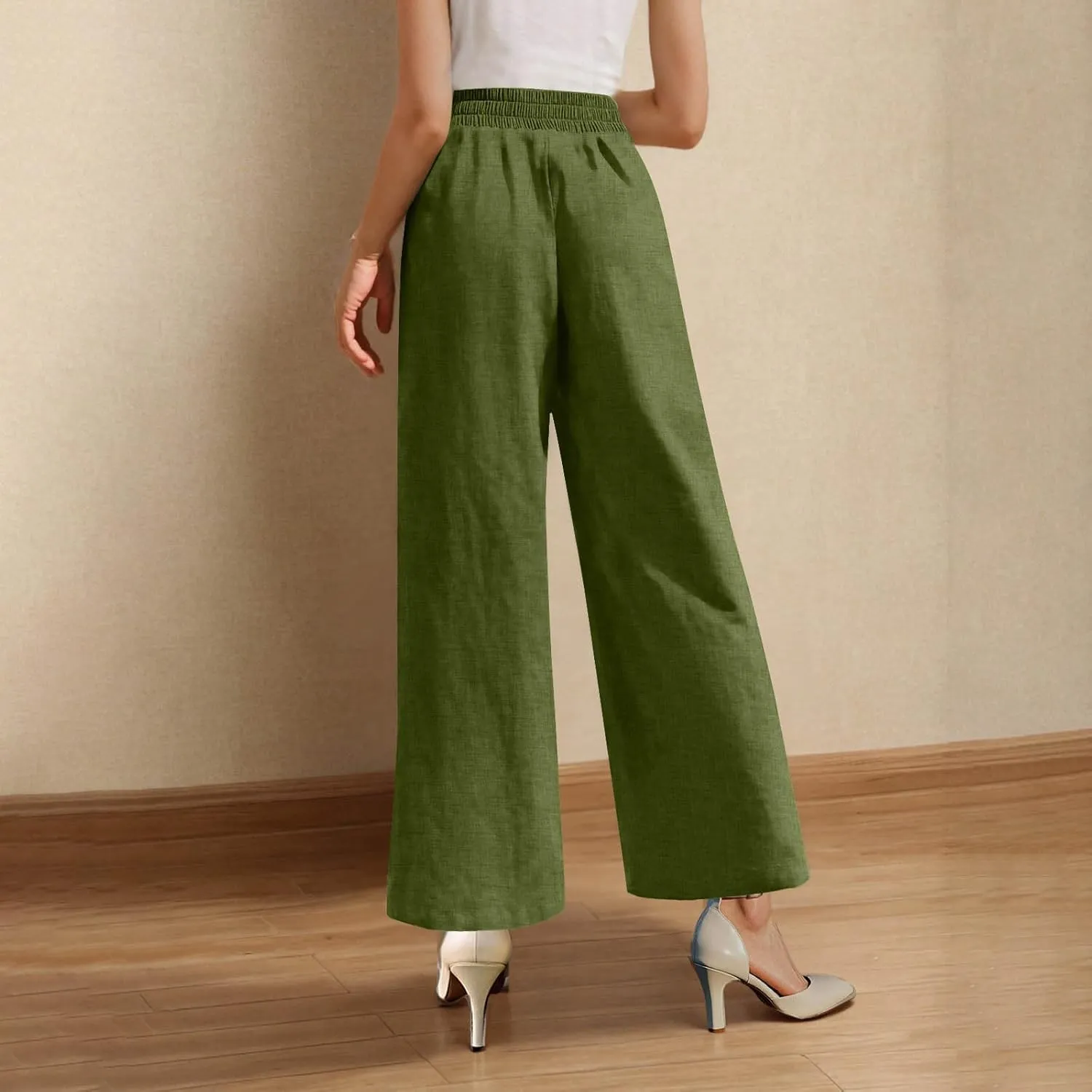 Lounge Pants Women Linen Palazzo Pants Summer Elastic Pants Flowy Beach Pants Workout Soft Pants Long Trousers