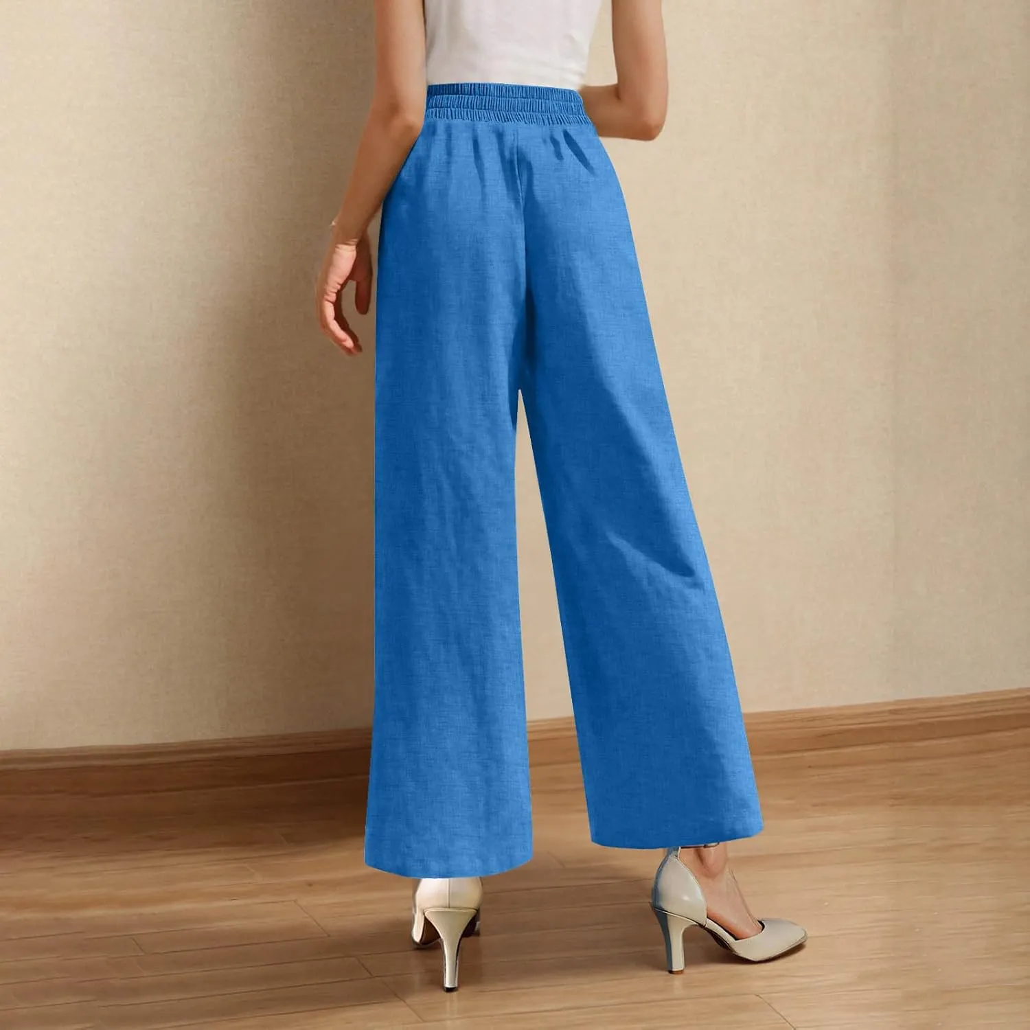 Lounge Pants Women Linen Palazzo Pants Summer Elastic Pants Flowy Beach Pants Workout Soft Pants Long Trousers