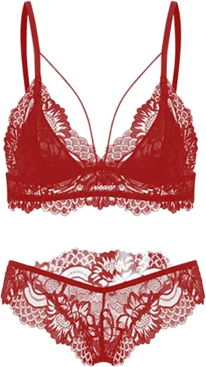 Maiyifu-GJ Women's Sexy Lace Lingerie Set Floral Strappy Bralette and Panty Sets 2 Piece Exotic Mini Babydoll Underwear