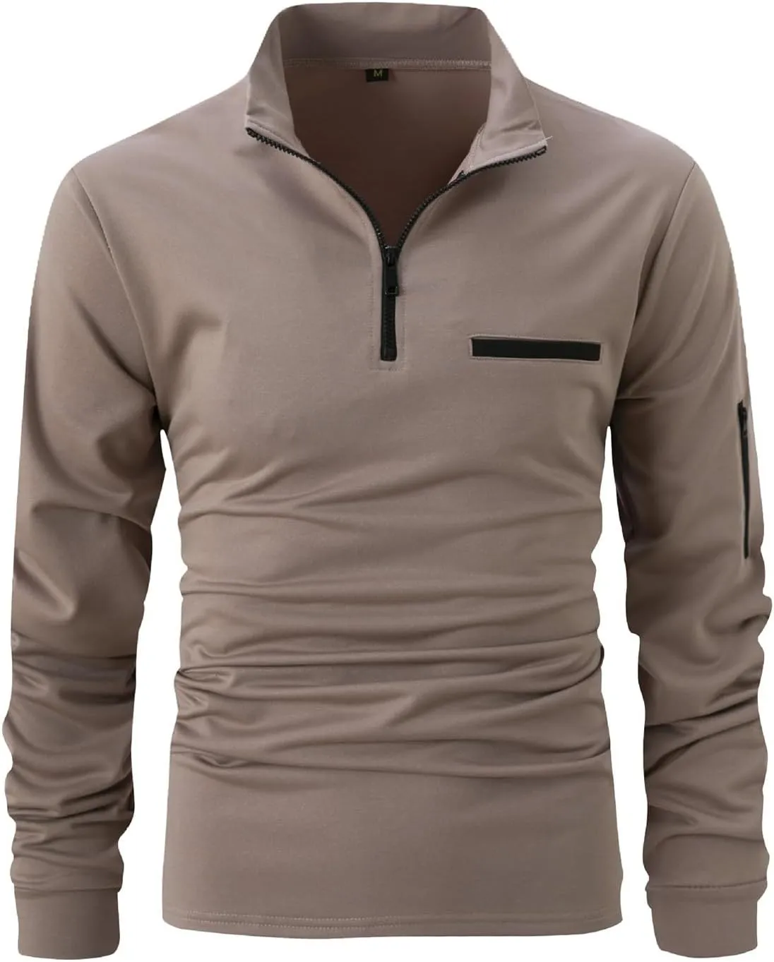 Male Shirt Quarter Zip Work Daily Wear Long Sleeve Fashion Comfortable Plain Pocket Regular Fit Top T Shirt V