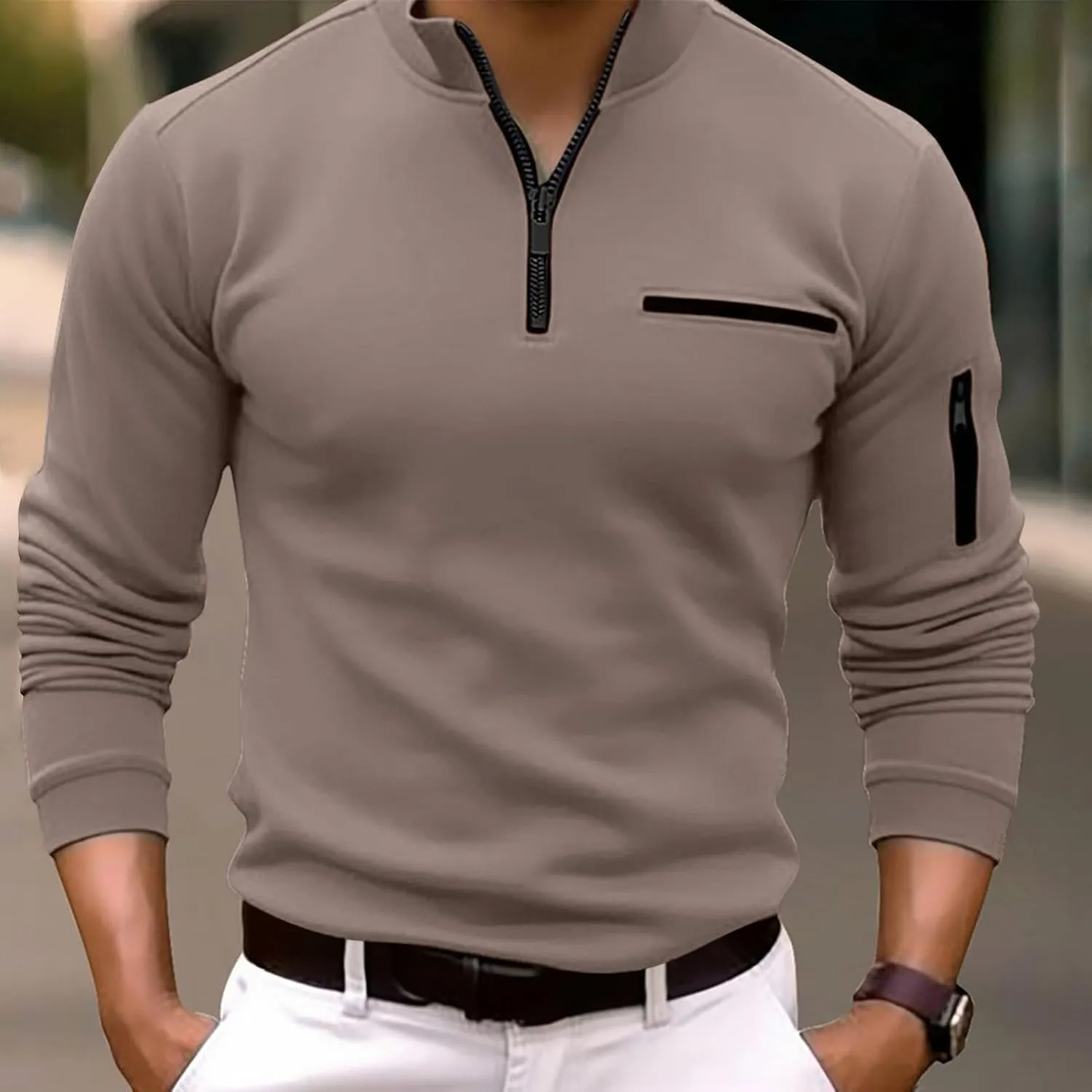 Male Shirt Quarter Zip Work Daily Wear Long Sleeve Fashion Comfortable Plain Pocket Regular Fit Top T Shirt V