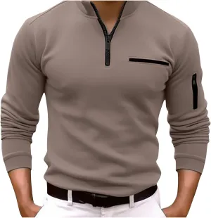 Male Shirt Quarter Zip Work Daily Wear Long Sleeve Fashion Comfortable Plain Pocket Regular Fit Top T Shirt V