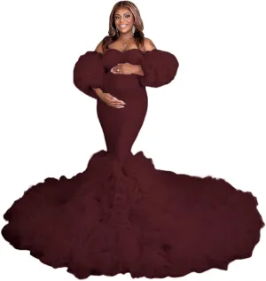 Maternity Dresses Mermaid Ruffle Tulle Pregnancy Gowns for Photoshoot Puffy Long Robe Dress for Baby Shower
