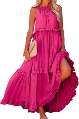 Maxi Dresses for Women 2025 Summer Sleeveless Halter Neck Tea Party Flowy Vacation Tiered Loose Long Dress