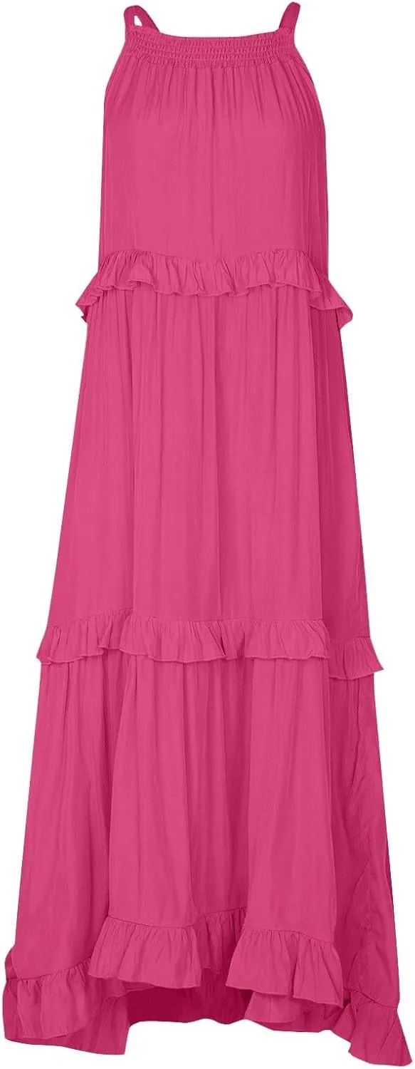 Maxi Dresses for Women 2025 Summer Sleeveless Halter Neck Tea Party Flowy Vacation Tiered Loose Long Dress