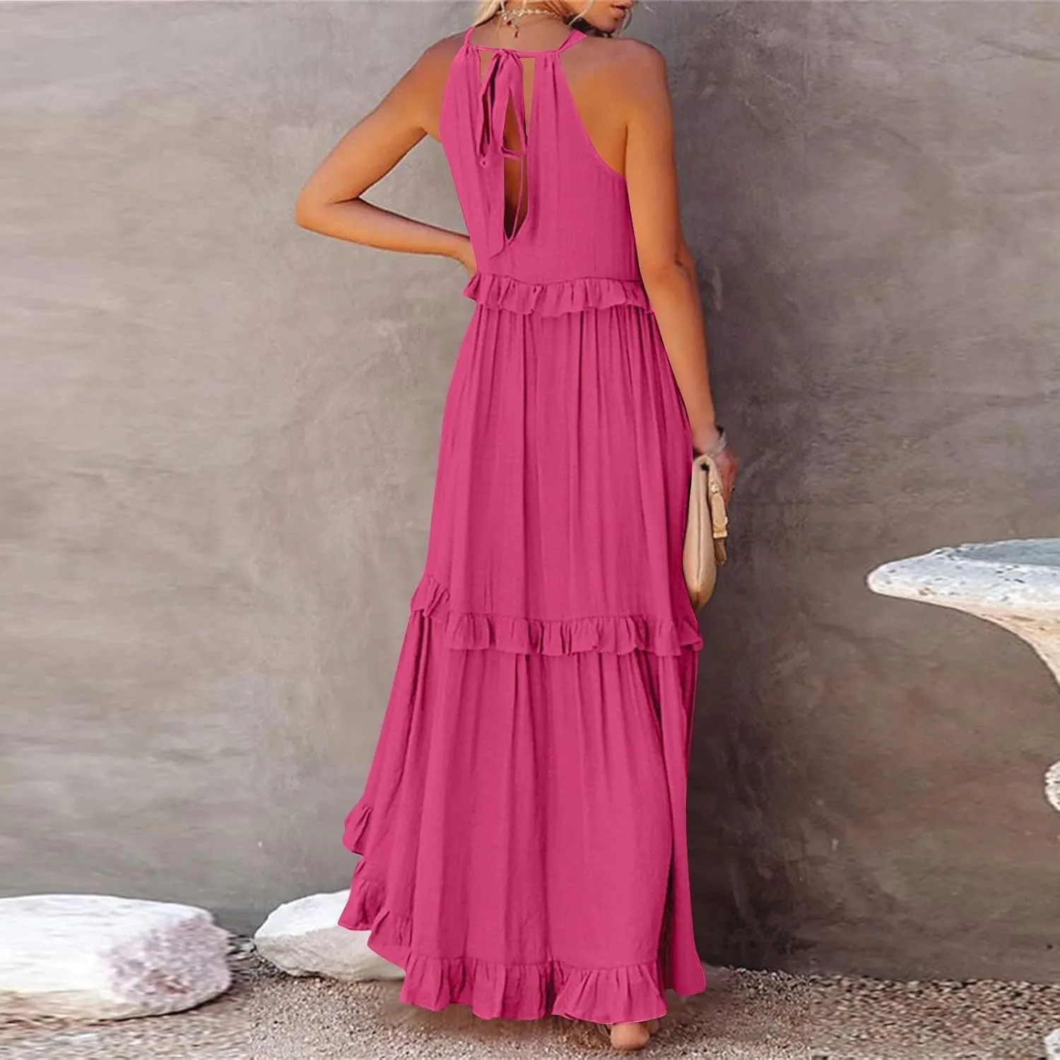 Maxi Dresses for Women 2025 Summer Sleeveless Halter Neck Tea Party Flowy Vacation Tiered Loose Long Dress