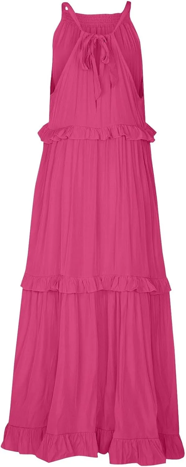 Maxi Dresses for Women 2025 Summer Sleeveless Halter Neck Tea Party Flowy Vacation Tiered Loose Long Dress