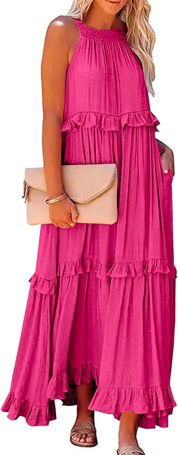 Maxi Dresses for Women 2025 Summer Sleeveless Halter Neck Tea Party Flowy Vacation Tiered Loose Long Dress