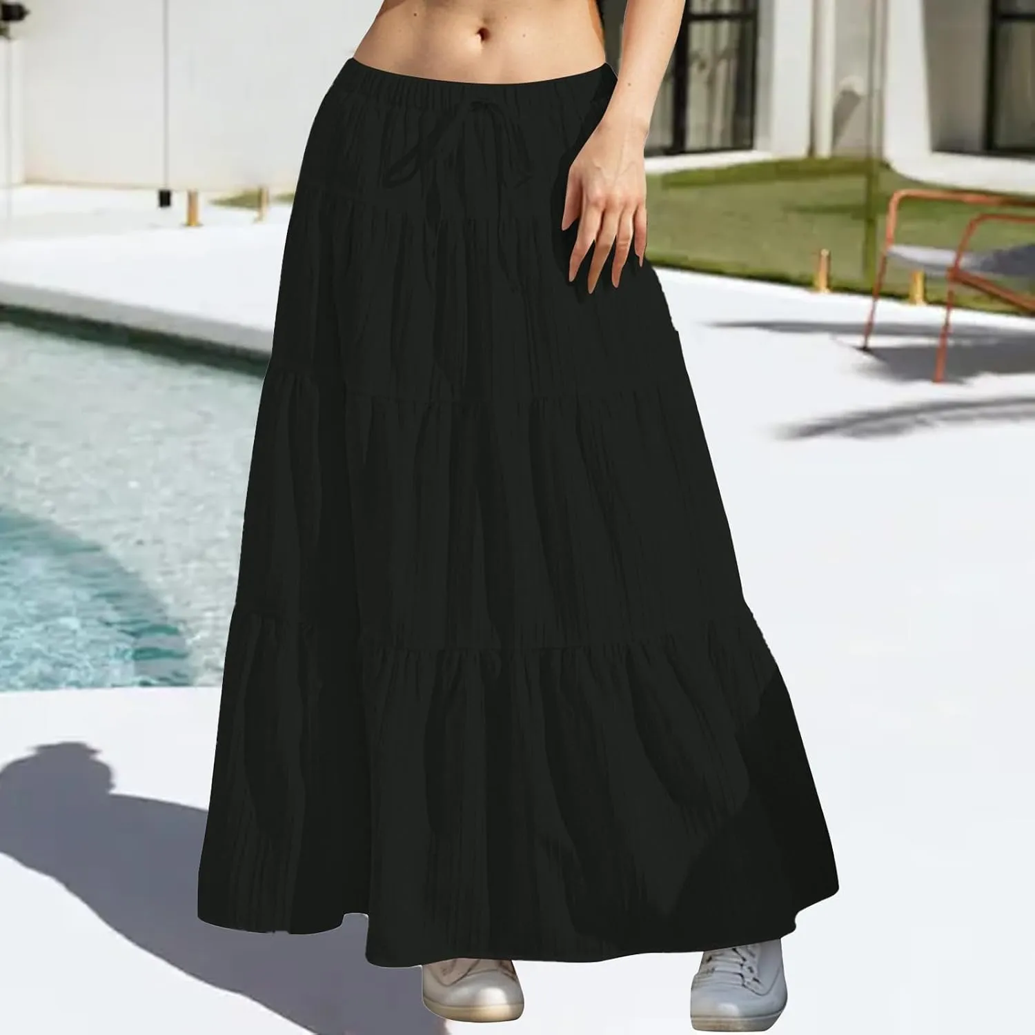 Maxi Skirt for Women 2025 Vacation Boho Flowy Swing Tiered A-Line Maxi Skirts Elastic Waist Pleated Long Beach Dress
