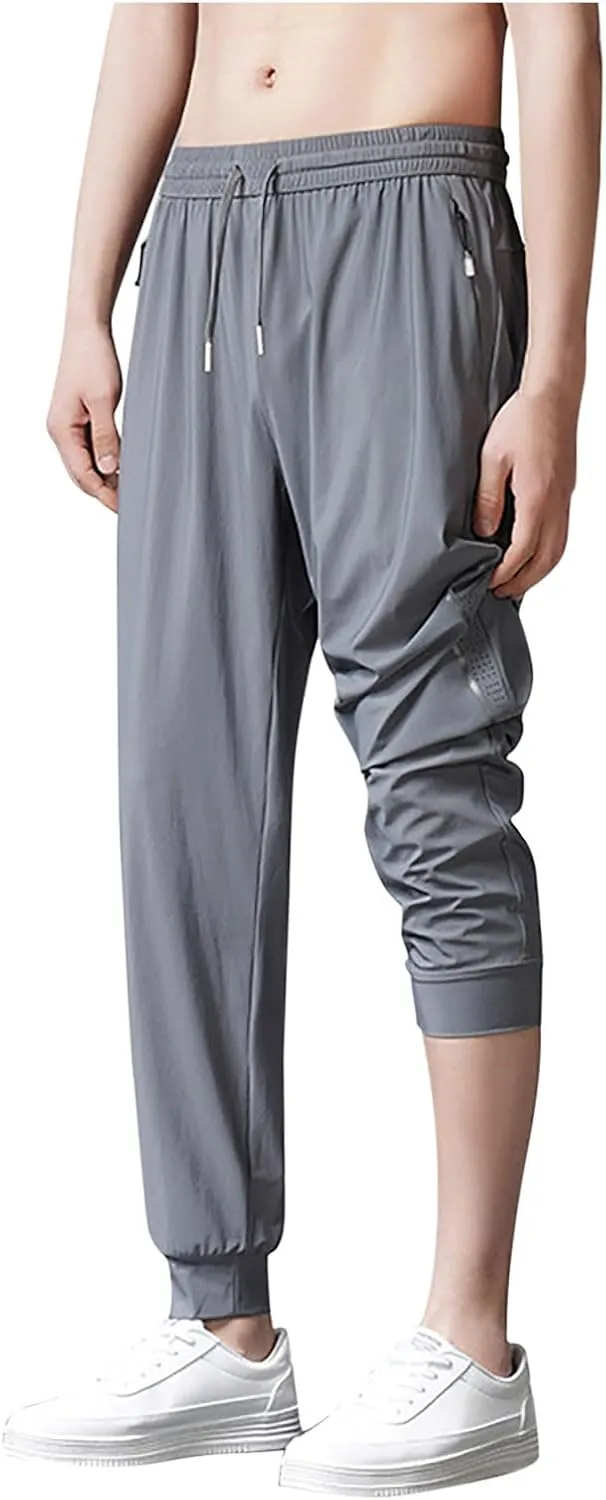 Men Plus Size Quick Drying Pants Sports Casual Pants Drawstring Elastic Waist Pants Belted Foot Pants Loose Pants