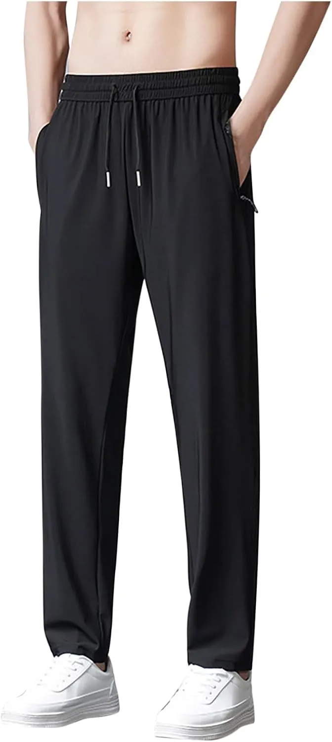 Men Plus Size Quick Drying Pants Sports Casual Pants Drawstring Elastic Waist Pants Belted Foot Pants Loose Pants
