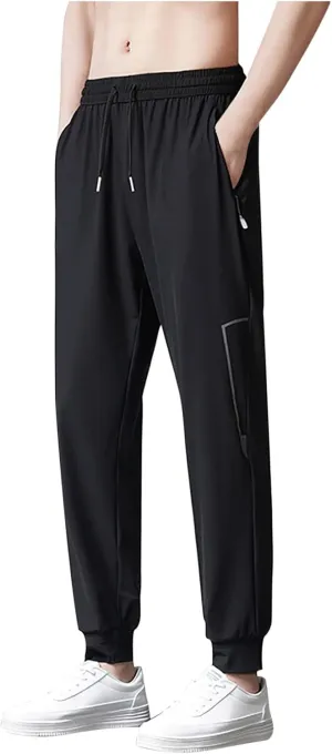Men Plus Size Quick Drying Pants Sports Casual Pants Drawstring Elastic Waist Pants Belted Foot Pants Loose Pants