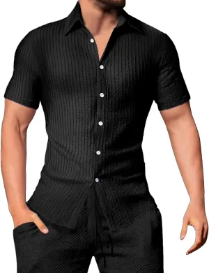Men's Button Down Shirts Short Sleeve Casual Dress Shirts Summer Solid Beach Vacation Shirts 2025 Summer