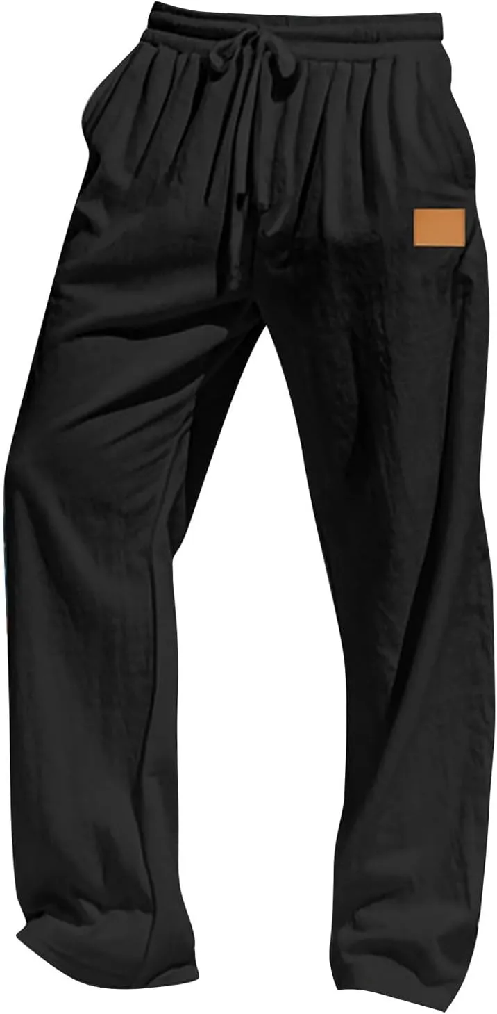 Men's Casual Linen Beach Pants Cotton Drawstring Strectch Trousers Lightweight Straight Leg Summer Casual Loose Pant