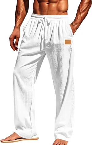 Men's Casual Linen Beach Pants Cotton Drawstring Strectch Trousers Lightweight Straight Leg Summer Casual Loose Pant