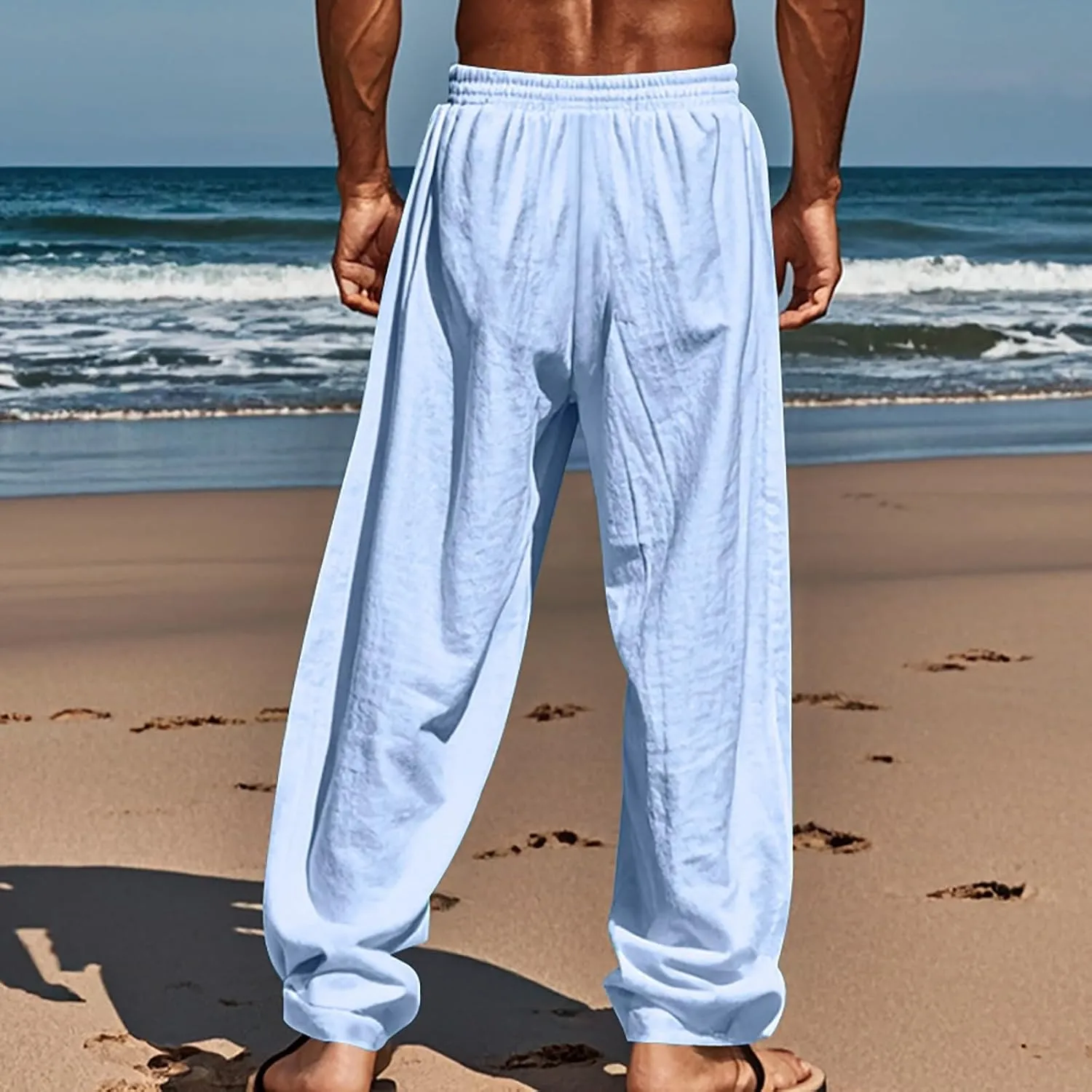 Men's Casual Linen Beach Pants Cotton Drawstring Strectch Trousers Lightweight Straight Leg Summer Casual Loose Pant