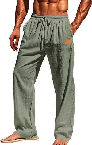 Men's Casual Linen Beach Pants Cotton Drawstring Strectch Trousers Lightweight Straight Leg Summer Casual Loose Pant