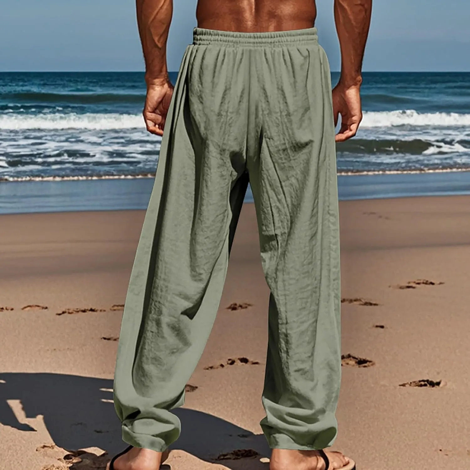 Men's Casual Linen Beach Pants Cotton Drawstring Strectch Trousers Lightweight Straight Leg Summer Casual Loose Pant